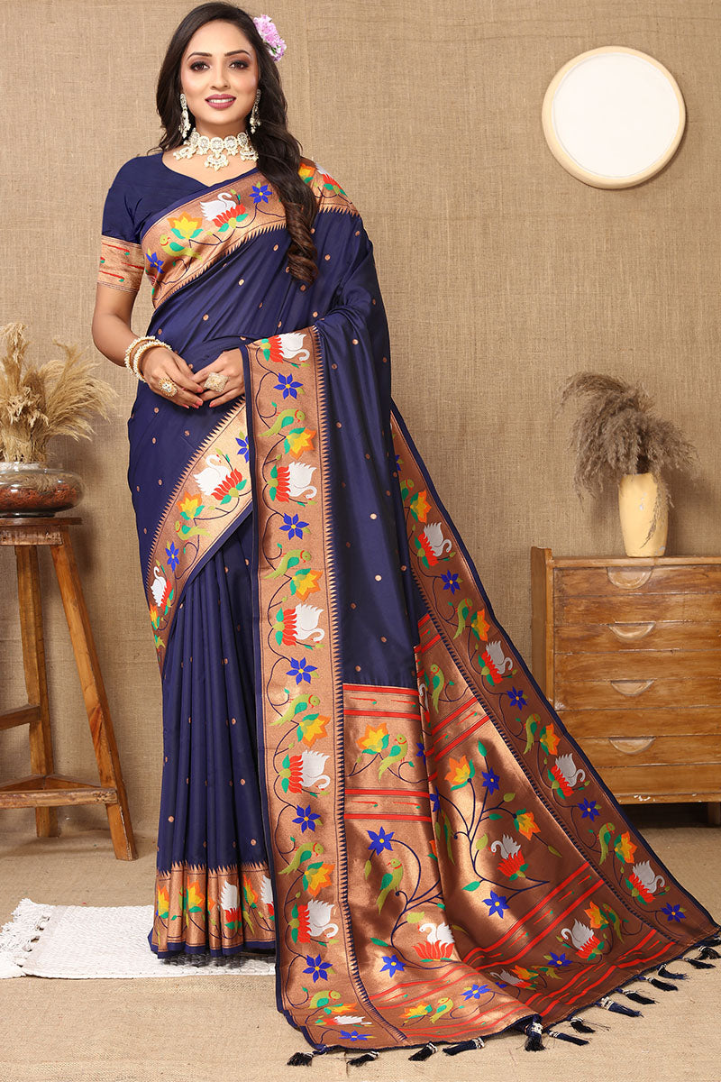 Desirable Navy Blue Paithani Silk Saree With Divine Blouse Piece