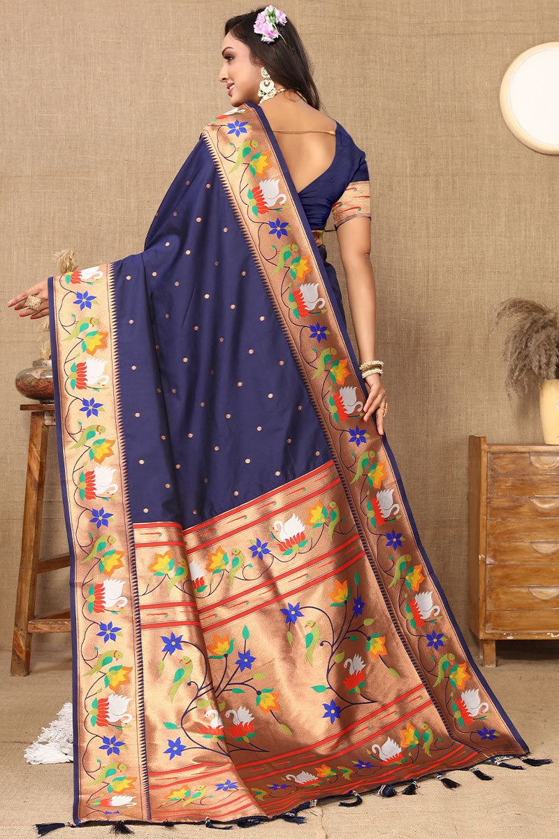 Desirable Navy Blue Paithani Silk Saree With Divine Blouse Piece