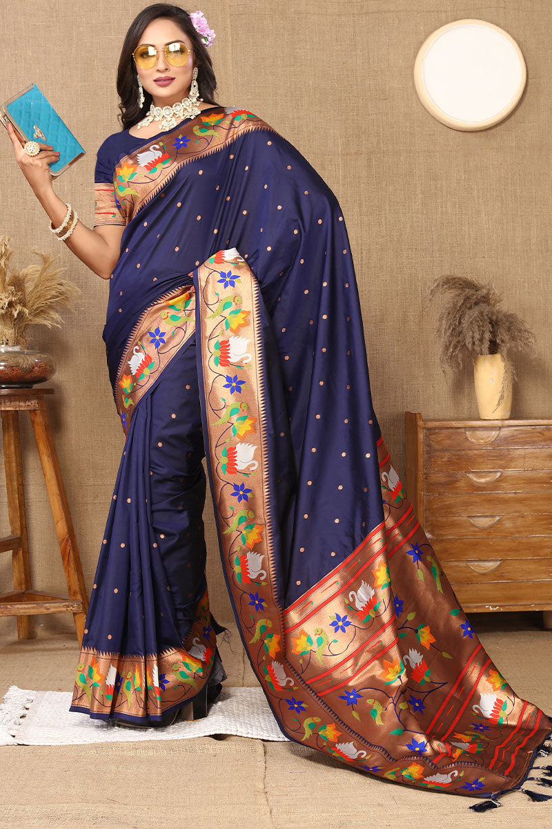 Desirable Navy Blue Paithani Silk Saree With Divine Blouse Piece