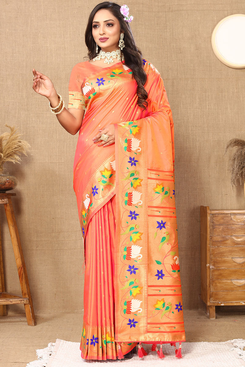 Blissful Peach Paithani Silk Saree With Appealing Blouse Piece