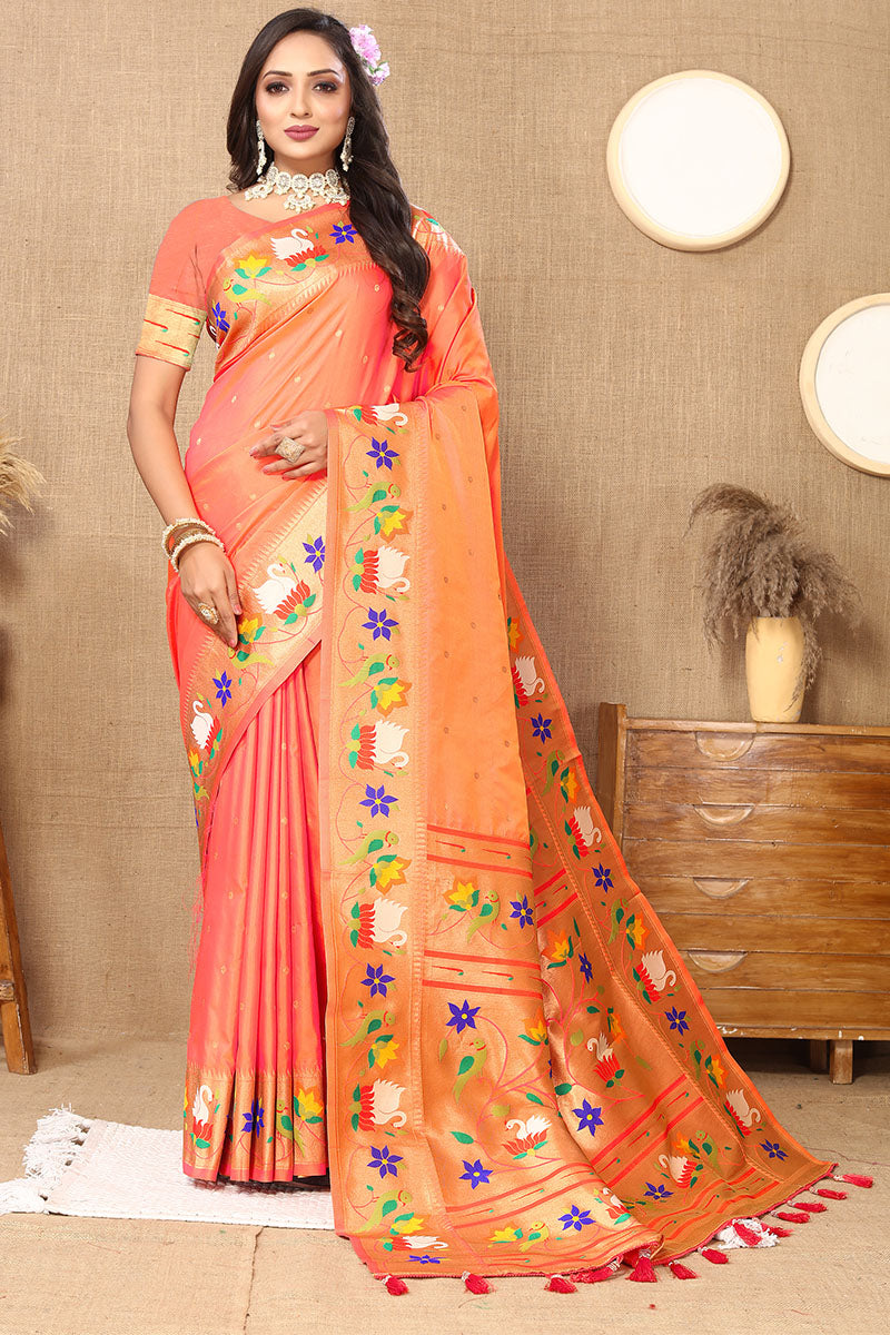 Blissful Peach Paithani Silk Saree With Appealing Blouse Piece