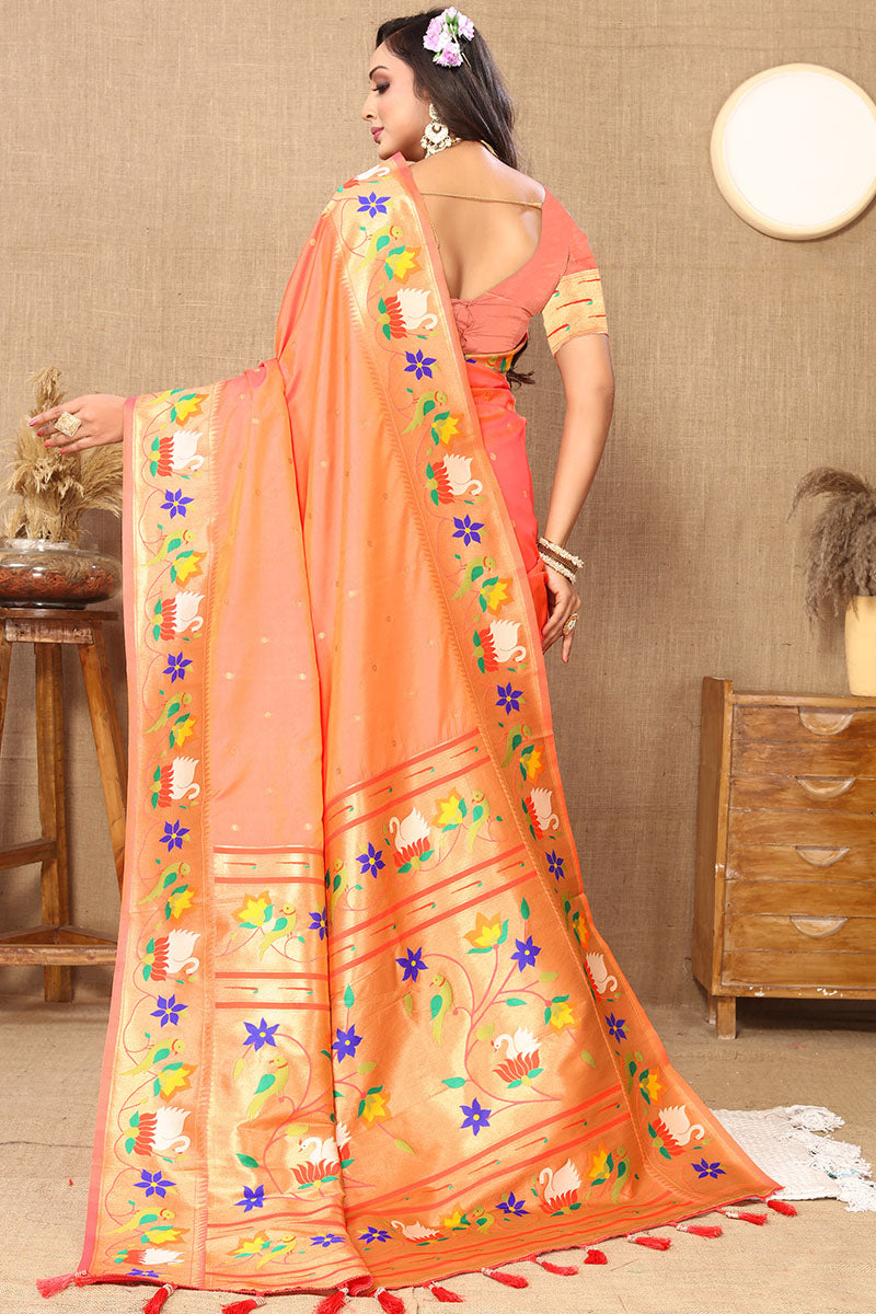 Blissful Peach Paithani Silk Saree With Appealing Blouse Piece