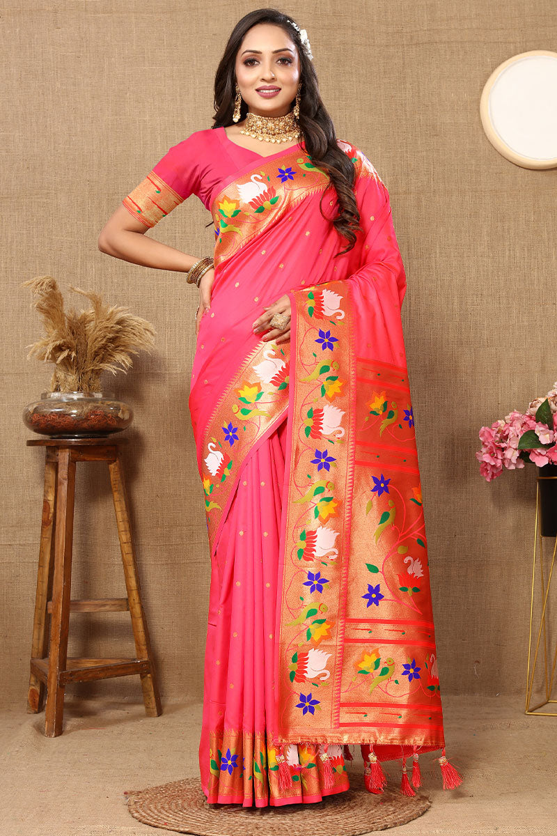 Majesty Pink Paithani Silk Saree With Jazzy Blouse Piece