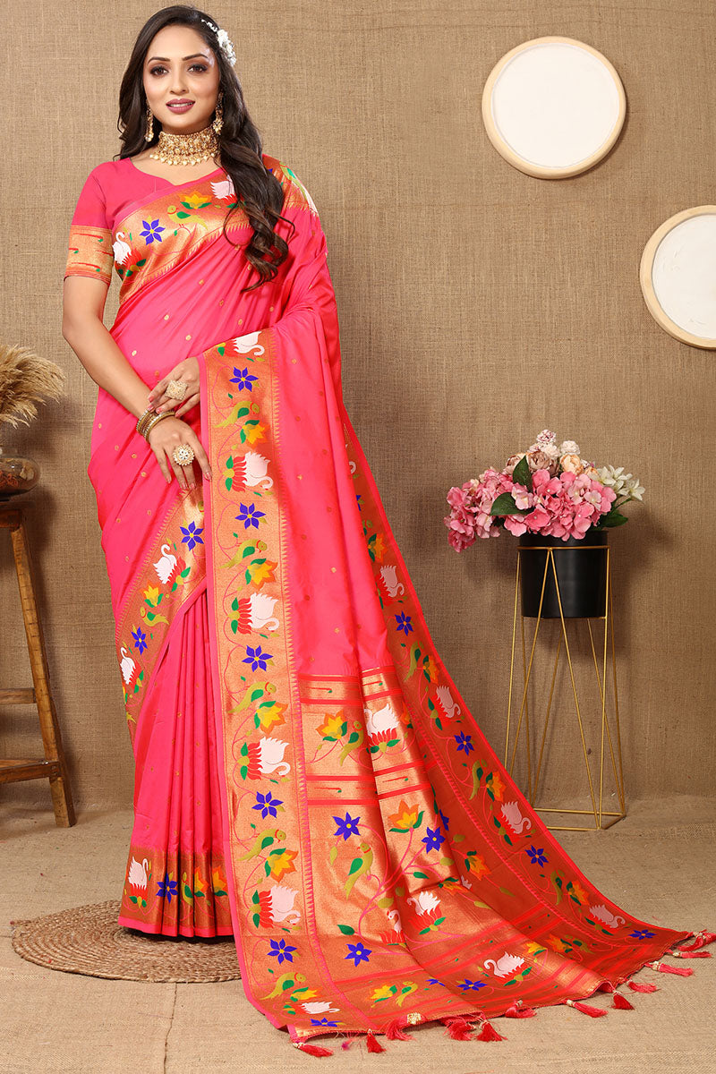 Majesty Pink Paithani Silk Saree With Jazzy Blouse Piece