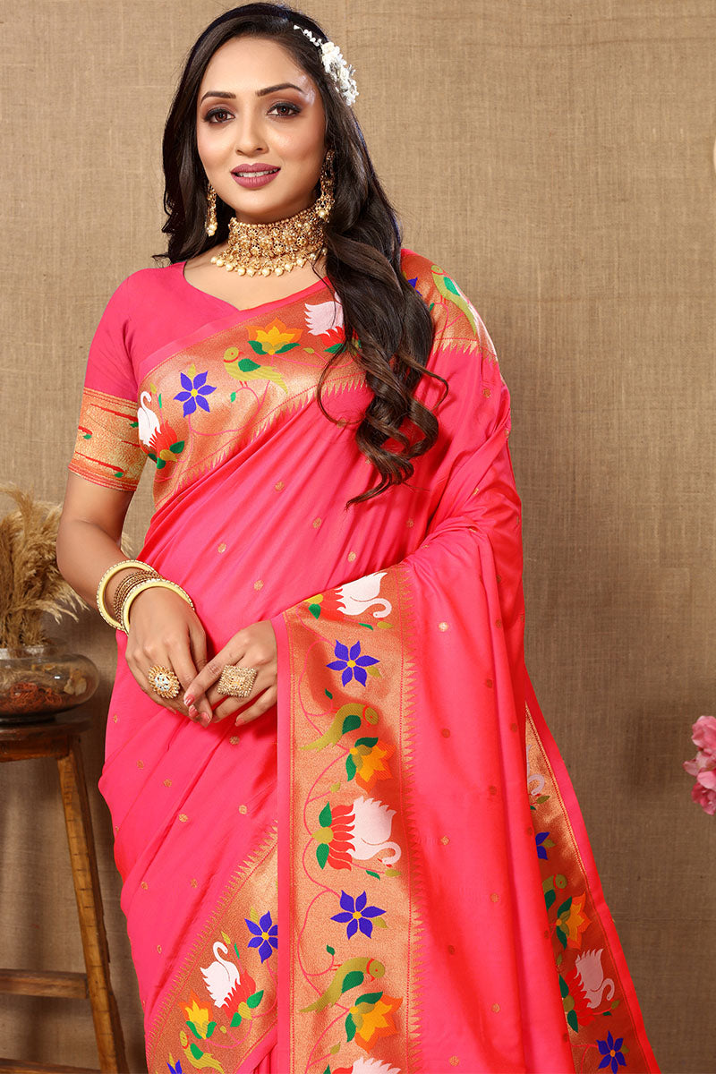 Majesty Pink Paithani Silk Saree With Jazzy Blouse Piece