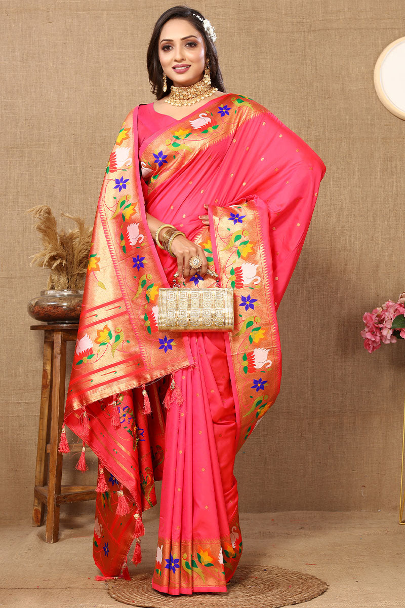 Majesty Pink Paithani Silk Saree With Jazzy Blouse Piece