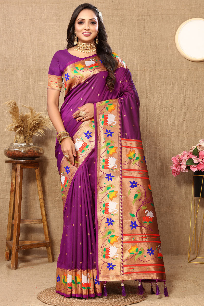 Prominent Purple Paithani Silk Saree With Desiring Blouse Piece