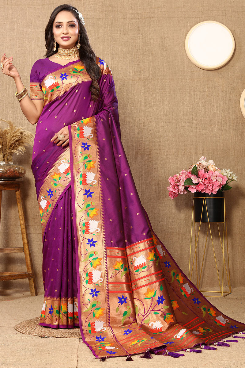 Prominent Purple Paithani Silk Saree With Desiring Blouse Piece