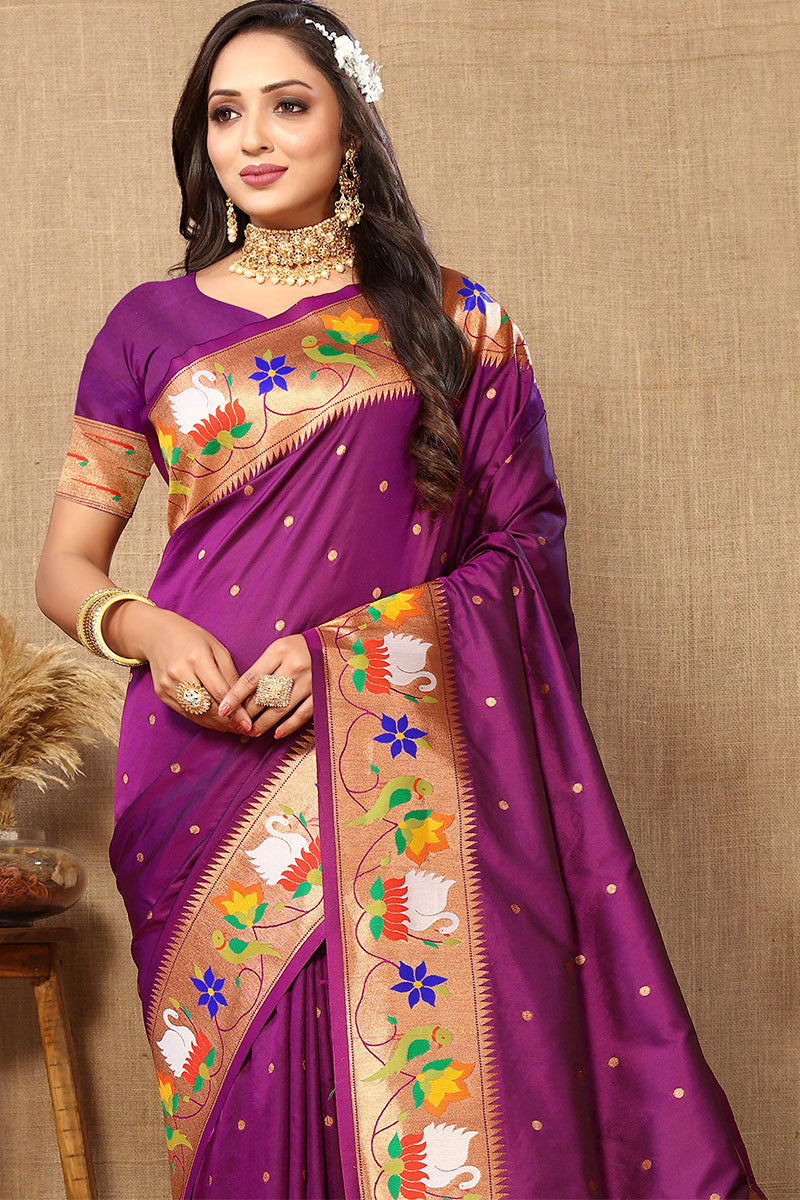 Prominent Purple Paithani Silk Saree With Desiring Blouse Piece