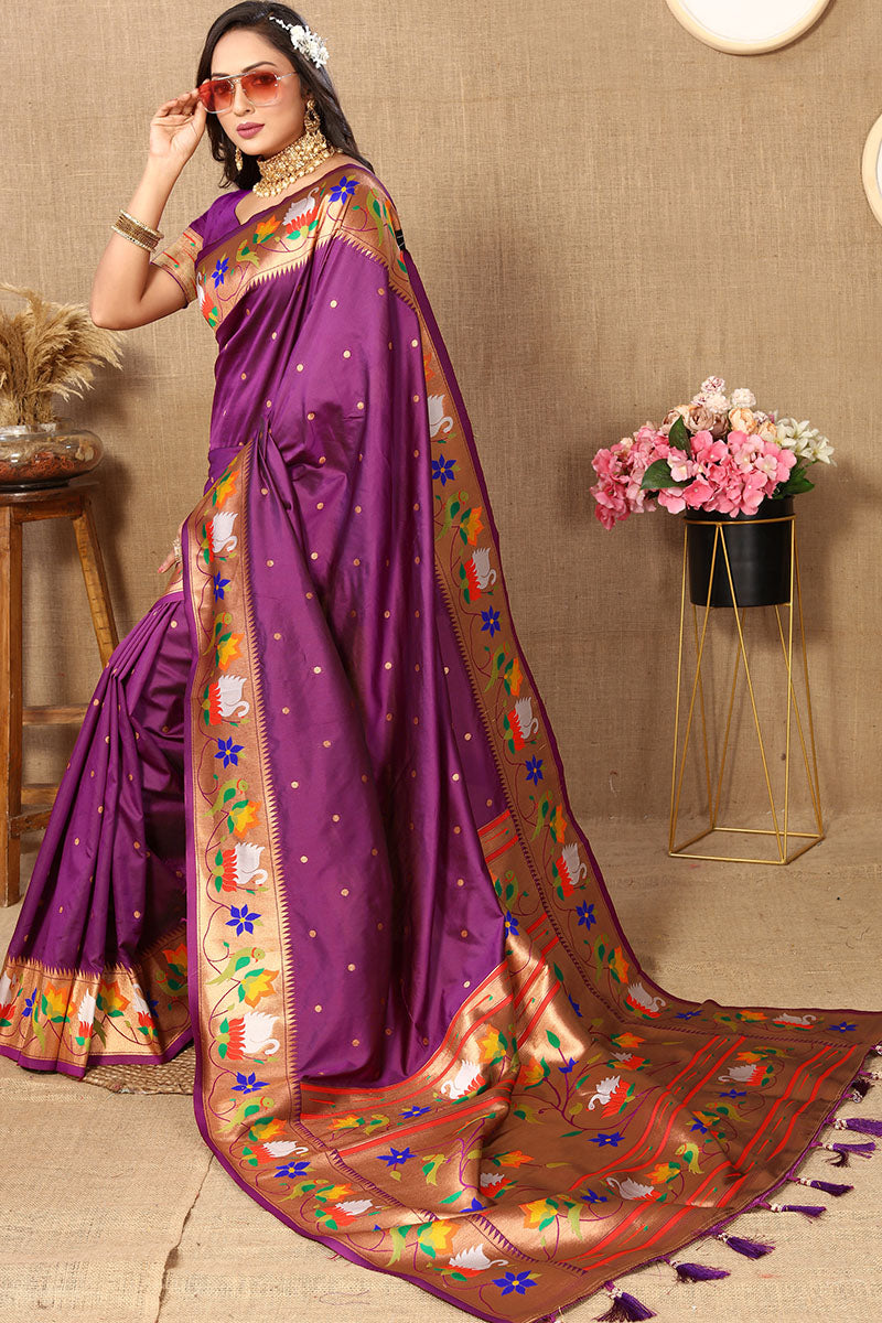 Prominent Purple Paithani Silk Saree With Desiring Blouse Piece