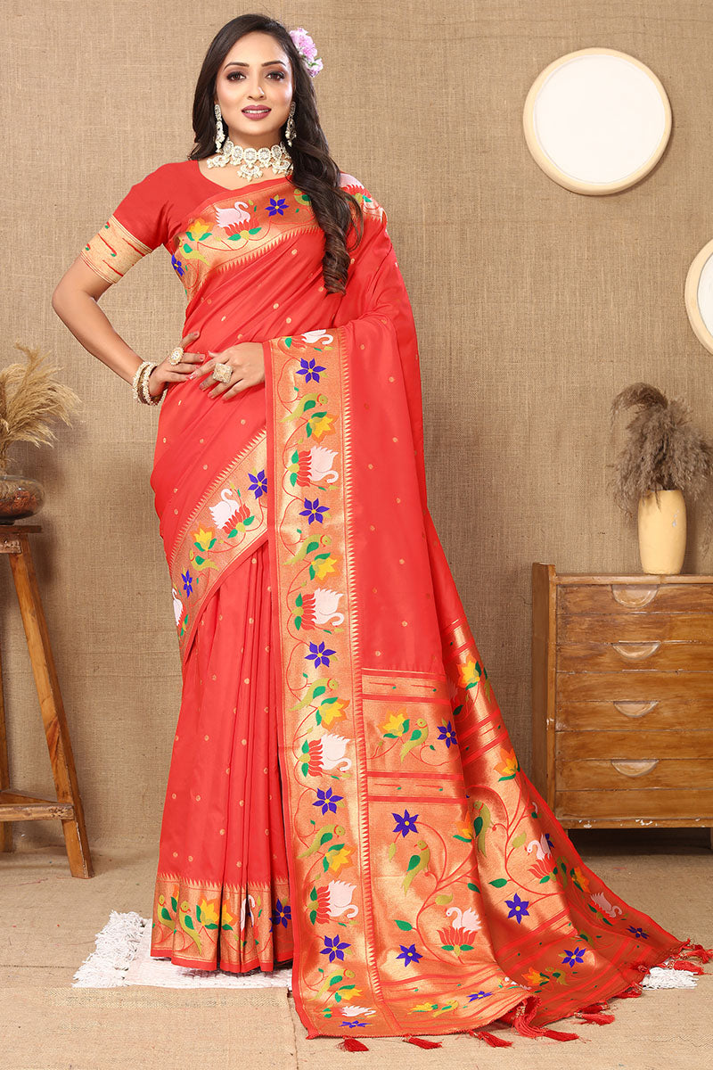 Exceptional Red Paithani Silk Saree With Surpassing Blouse Piece