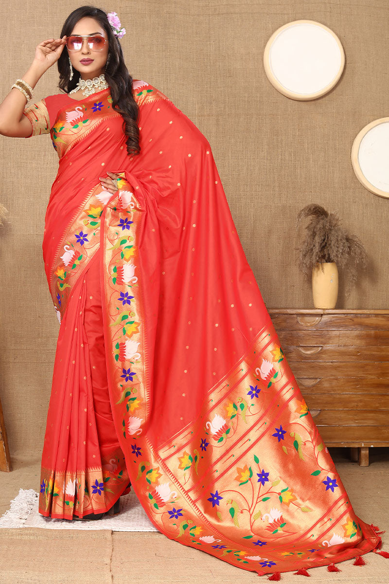 Exceptional Red Paithani Silk Saree With Surpassing Blouse Piece