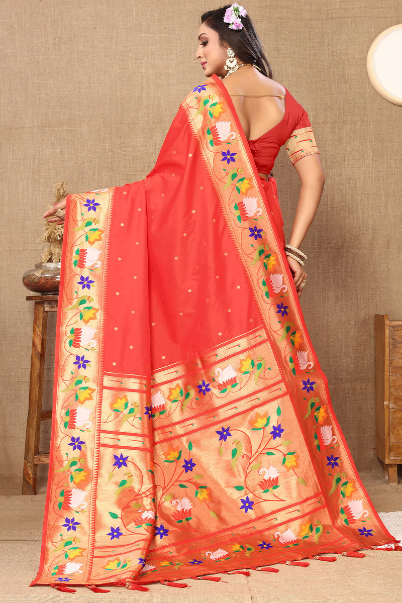 Exceptional Red Paithani Silk Saree With Surpassing Blouse Piece