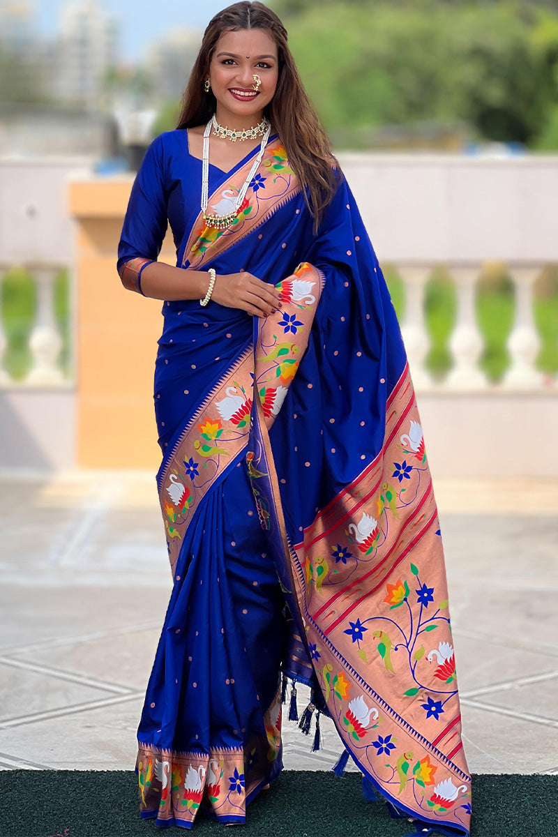 Glorious Royal Blue Paithani Silk Saree With Comely Blouse Piece