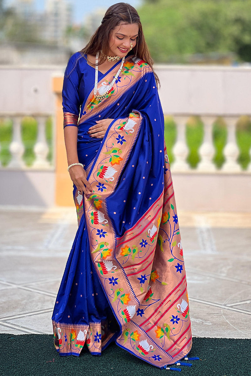 Glorious Royal Blue Paithani Silk Saree With Comely Blouse Piece