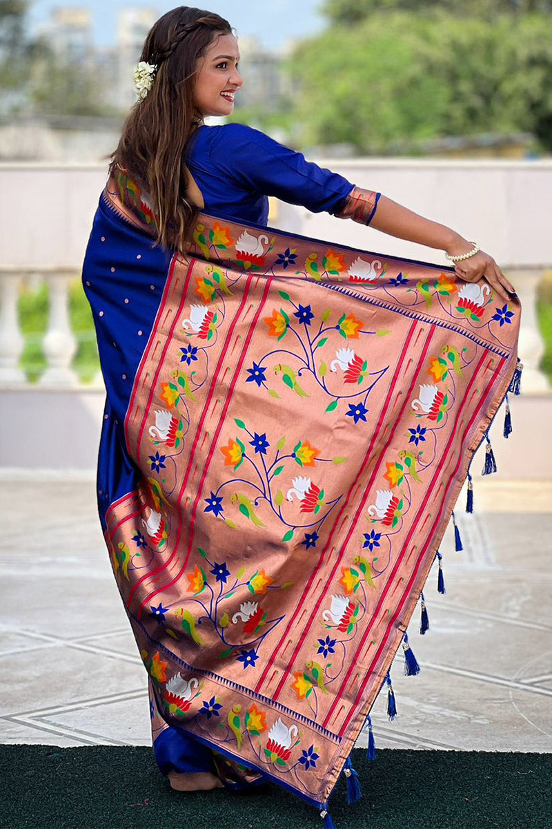 Glorious Royal Blue Paithani Silk Saree With Comely Blouse Piece