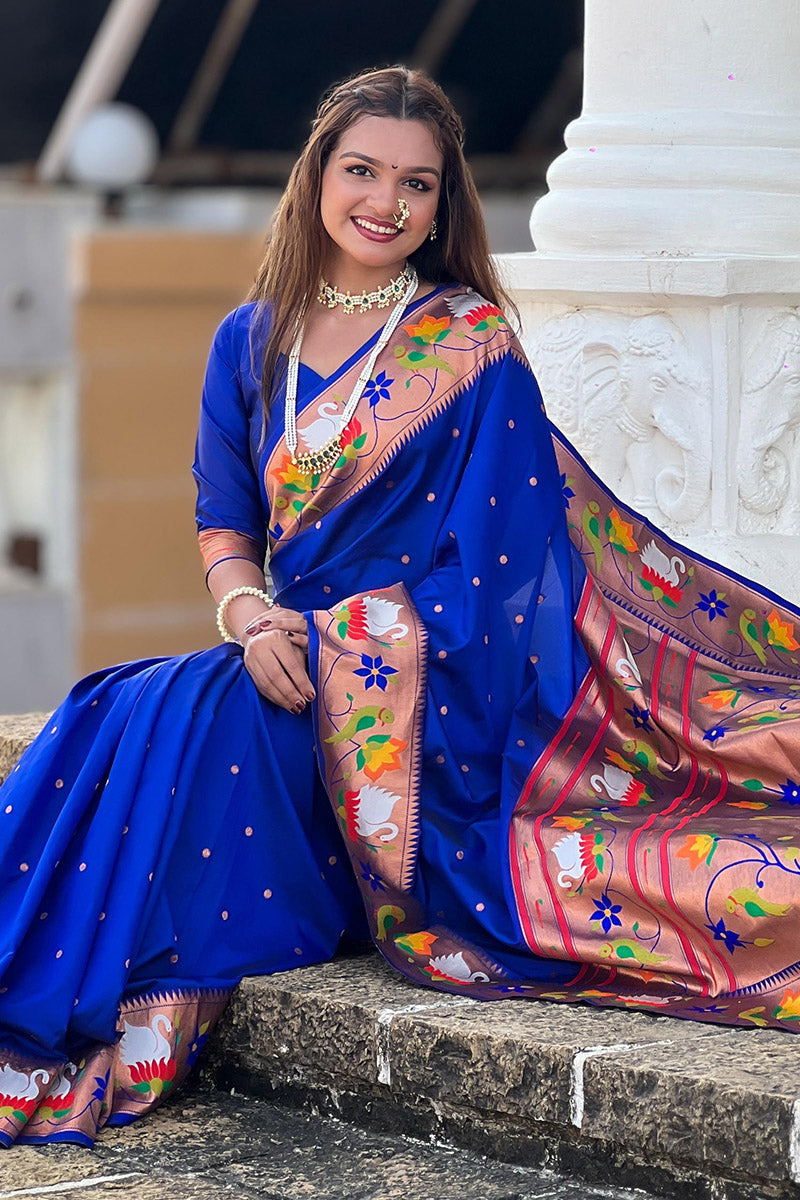 Glorious Royal Blue Paithani Silk Saree With Comely Blouse Piece