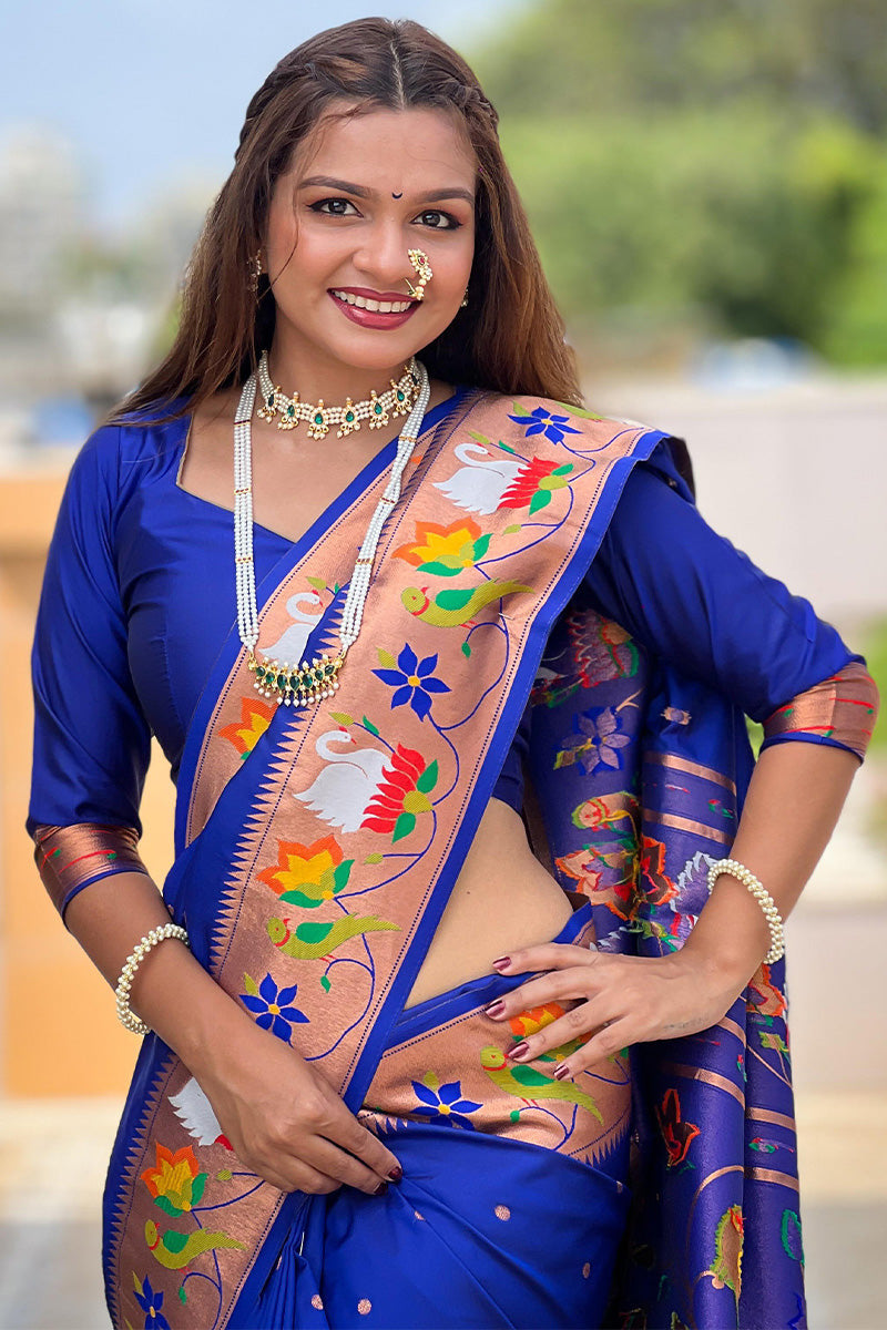 Glorious Royal Blue Paithani Silk Saree With Comely Blouse Piece