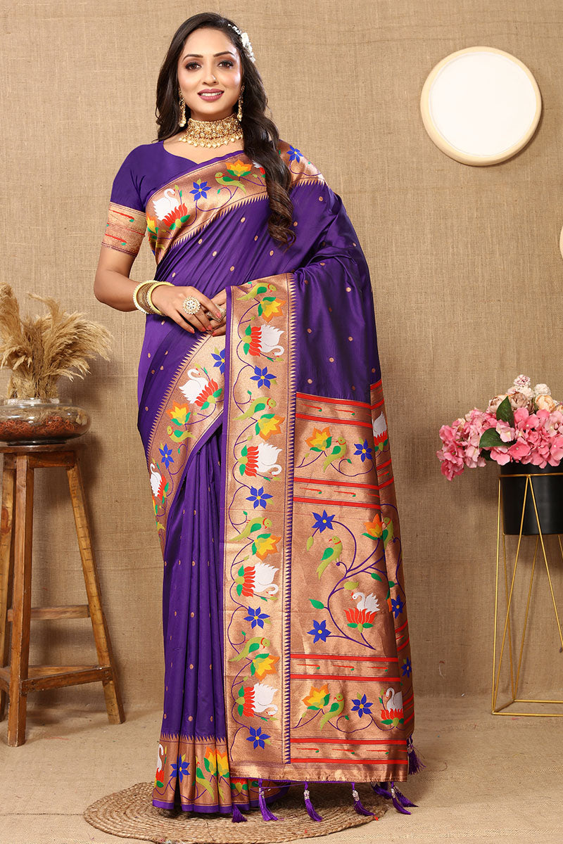 Fancifull Royal Purple Paithani Silk Saree With Bewitching Blouse Piece