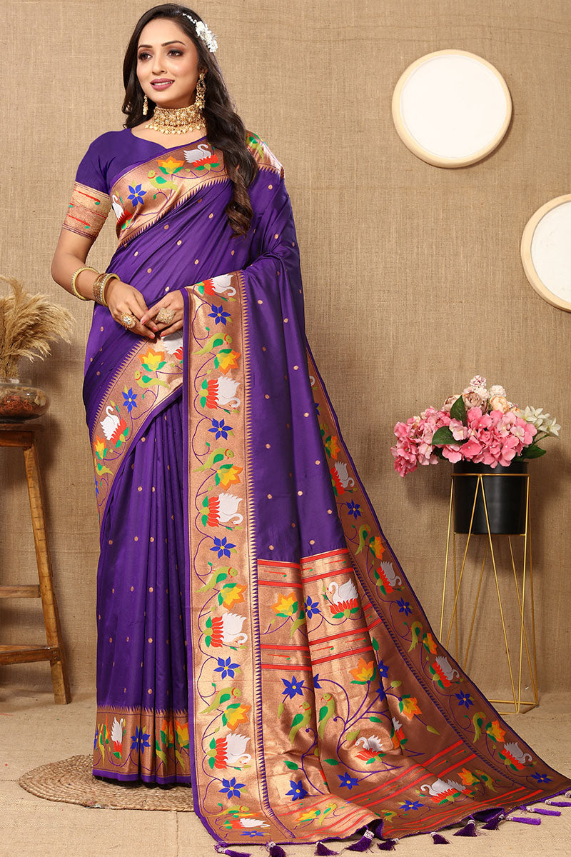 Fancifull Royal Purple Paithani Silk Saree With Bewitching Blouse Piece