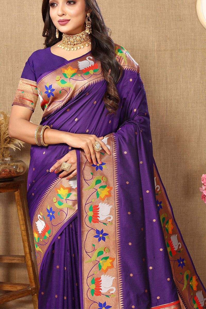 Fancifull Royal Purple Paithani Silk Saree With Bewitching Blouse Piece