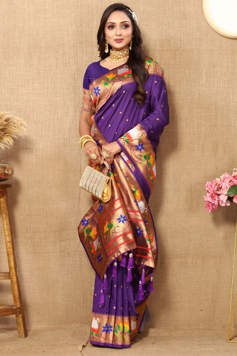 Fancifull Royal Purple Paithani Silk Saree With Bewitching Blouse Piece