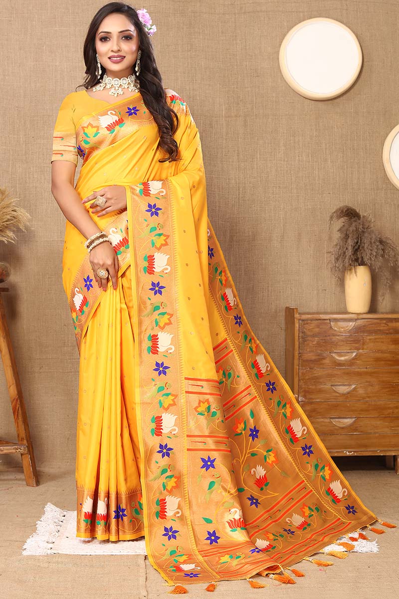 Groovy Yellow Paithani Silk Saree With Smart Blouse Piece