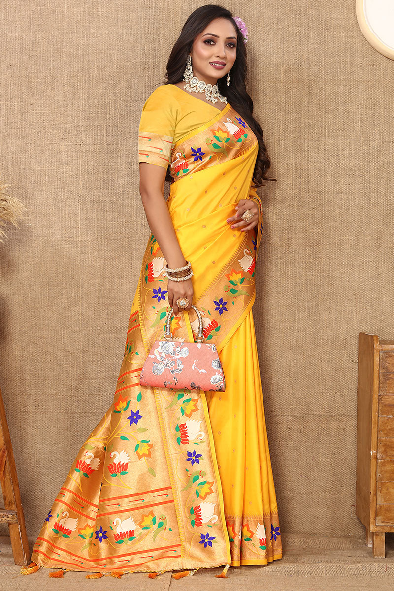 Groovy Yellow Paithani Silk Saree With Smart Blouse Piece