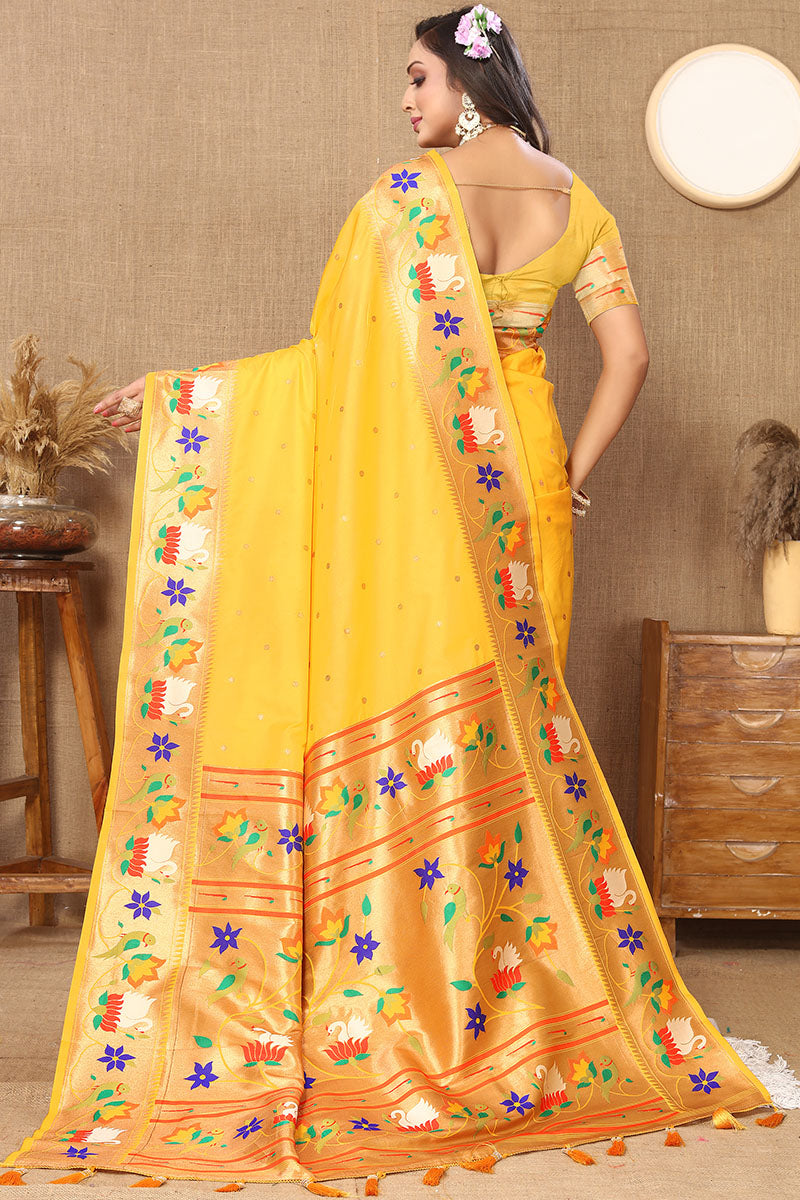 Groovy Yellow Paithani Silk Saree With Smart Blouse Piece