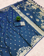 Smashing Blue Pure Zari Weaving Banarasi Silk Saree With Prodigal Blouse Piece
