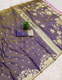 Amazing Lavender Pure Zari Weaving Banarasi Silk Saree With Ratatouille Blouse Piece