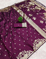 Sizzling Wine Pure Zari Weaving Banarasi Silk Saree With Beleaguer Blouse Piece