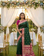 Captivating Dark Green Pure Zari Weaving Banarasi Silk Saree With Pulsating Blouse Piece