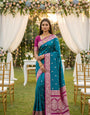 Gossamer Rama Pure Zari Weaving Banarasi Silk Saree With Assemblage Blouse Piece