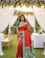 Enamoring Red Pure Zari Weaving Banarasi Silk Saree With Chatoyant Blouse Piece