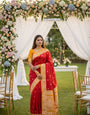 Glittering Red Pure Zari Weaving Banarasi Silk Saree With Improbable Blouse Piece