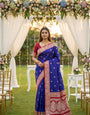 Traditional Royal Blue Pure Zari Weaving Banarasi Silk Saree With Brood Blouse Piece