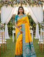 Outstanding Yellow Pure Zari Weaving Banarasi Silk Saree With Flaunt Blouse Piece