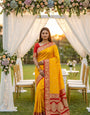 Designer Yellow Pure Zari Weaving Banarasi Silk Saree With Serendipity Blouse Piece