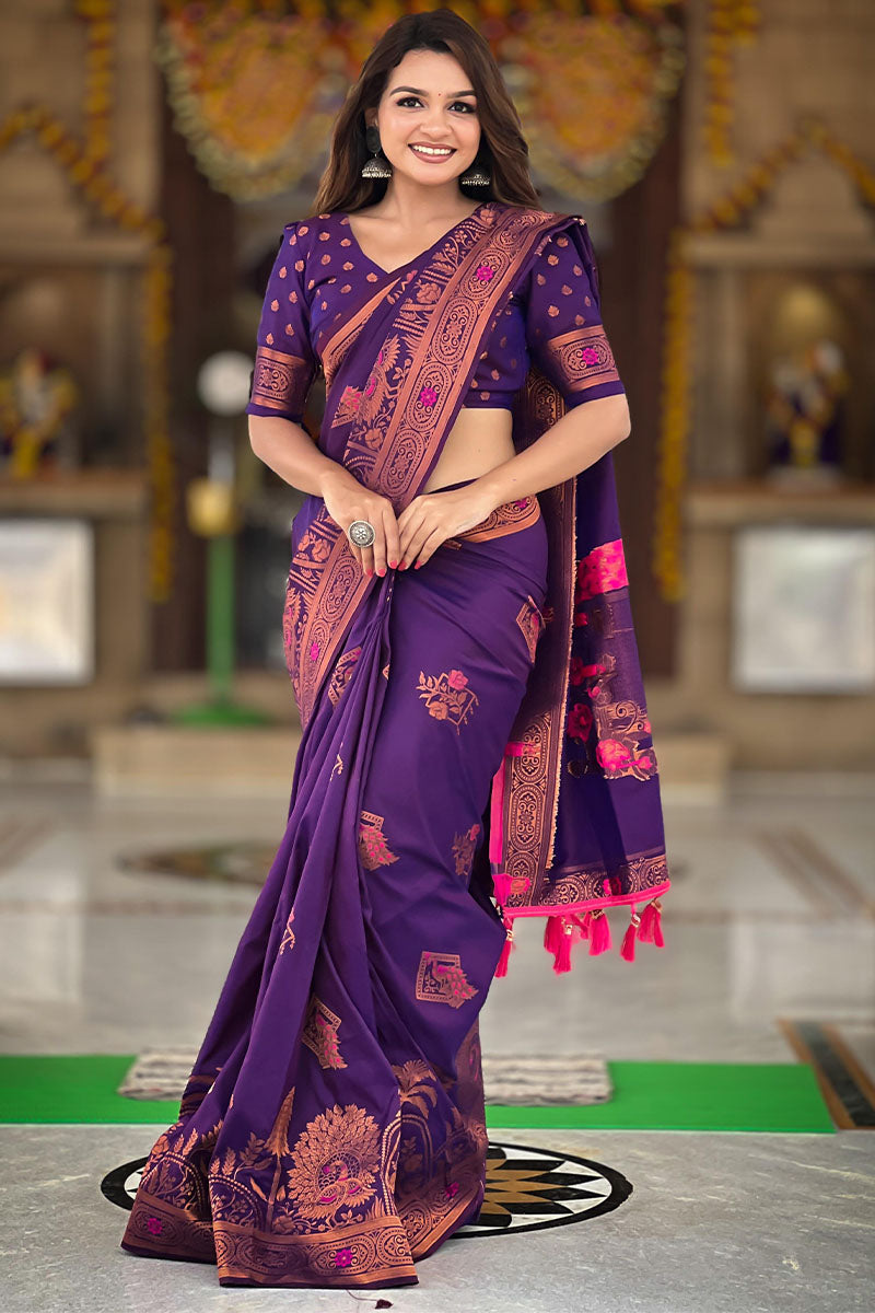 Breathtaking Purple Paithani Silk Saree With Glowing Blouse Piece