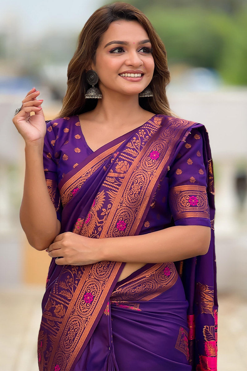 Breathtaking Purple Paithani Silk Saree With Glowing Blouse Piece