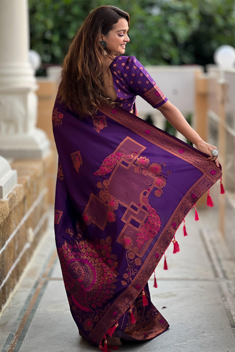 Breathtaking Purple Paithani Silk Saree With Glowing Blouse Piece