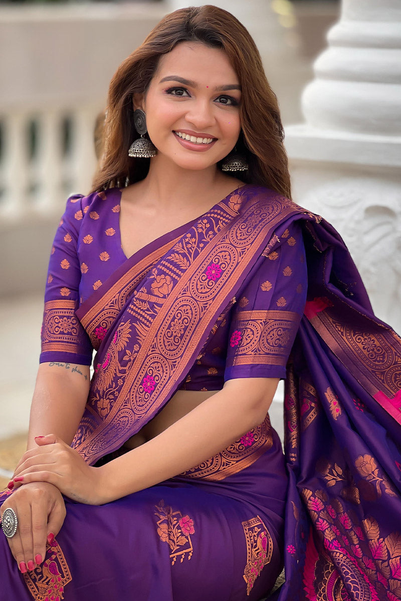 Breathtaking Purple Paithani Silk Saree With Glowing Blouse Piece