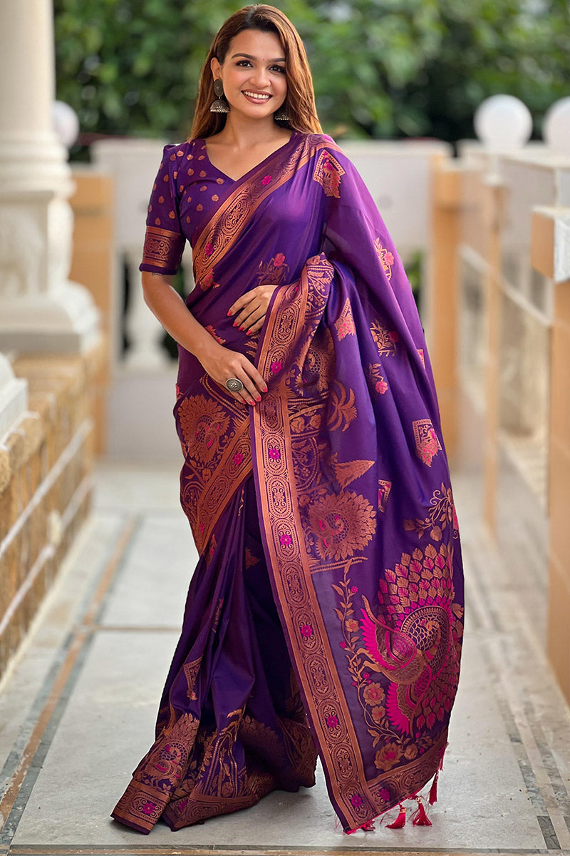 Breathtaking Purple Paithani Silk Saree With Glowing Blouse Piece