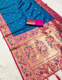 Epiphany Blue Paithani Silk Saree With Evocative Blouse Piece