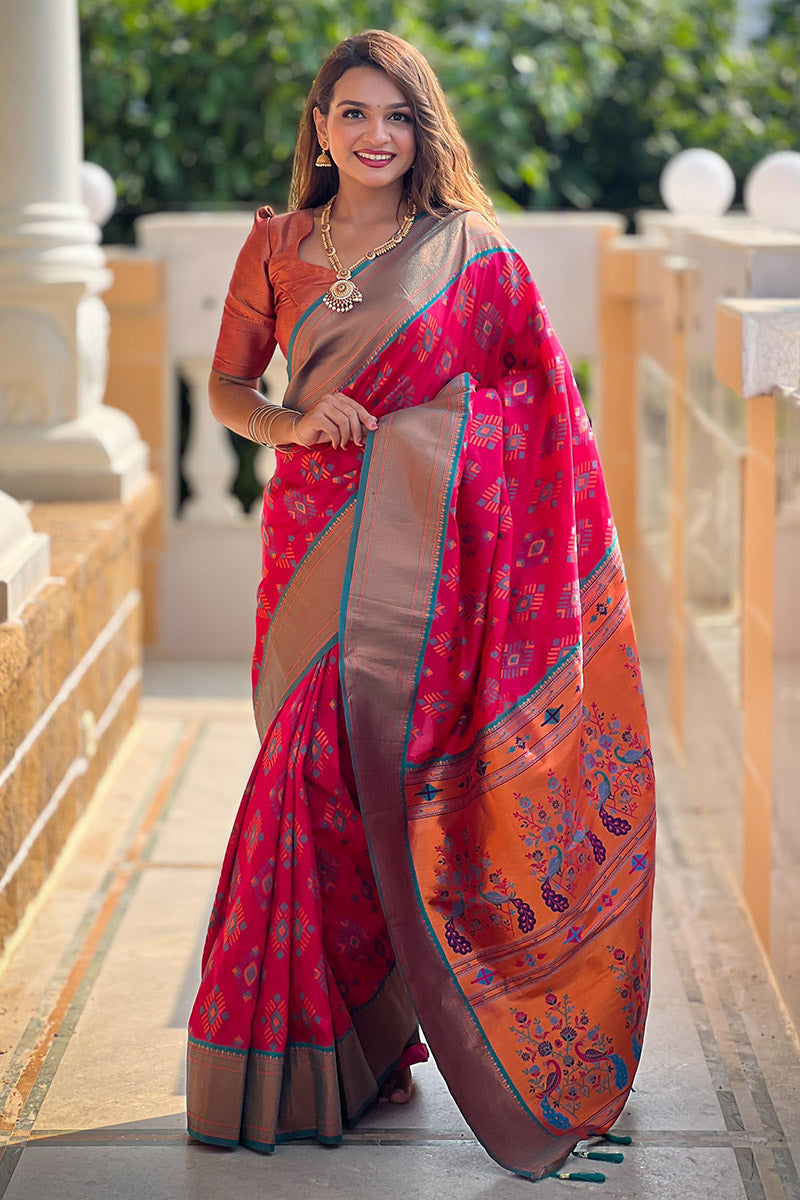 Prominent Dark Pink Paithani Silk Saree With Super classy Blouse Piece