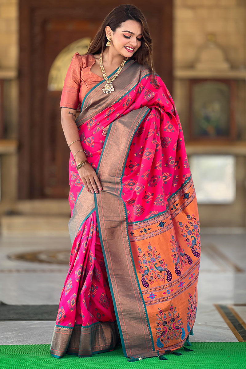 Prominent Dark Pink Paithani Silk Saree With Super classy Blouse Piece