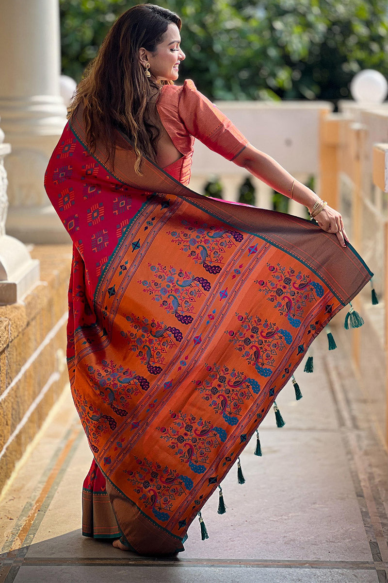 Prominent Dark Pink Paithani Silk Saree With Super classy Blouse Piece