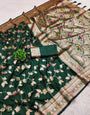 Ineffable Dark Green Pure Zari Weaving Banarasi Silk Saree With Engaging Blouse Piece