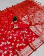 Scintillating Red Pure Zari Weaving Banarasi Silk Saree With Super extravagant Blouse Piece